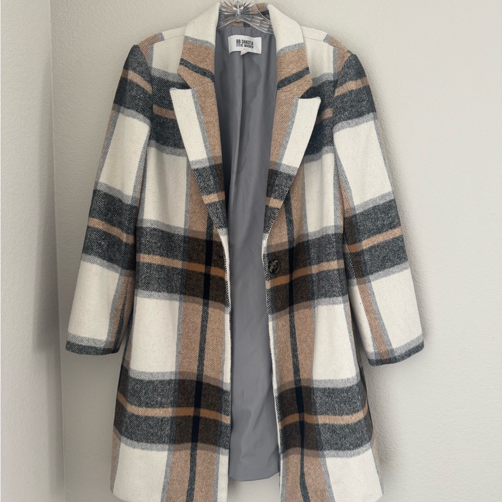 BB Dakota by Steve Madden Plaid Trench Coat - White, Gray, Tan